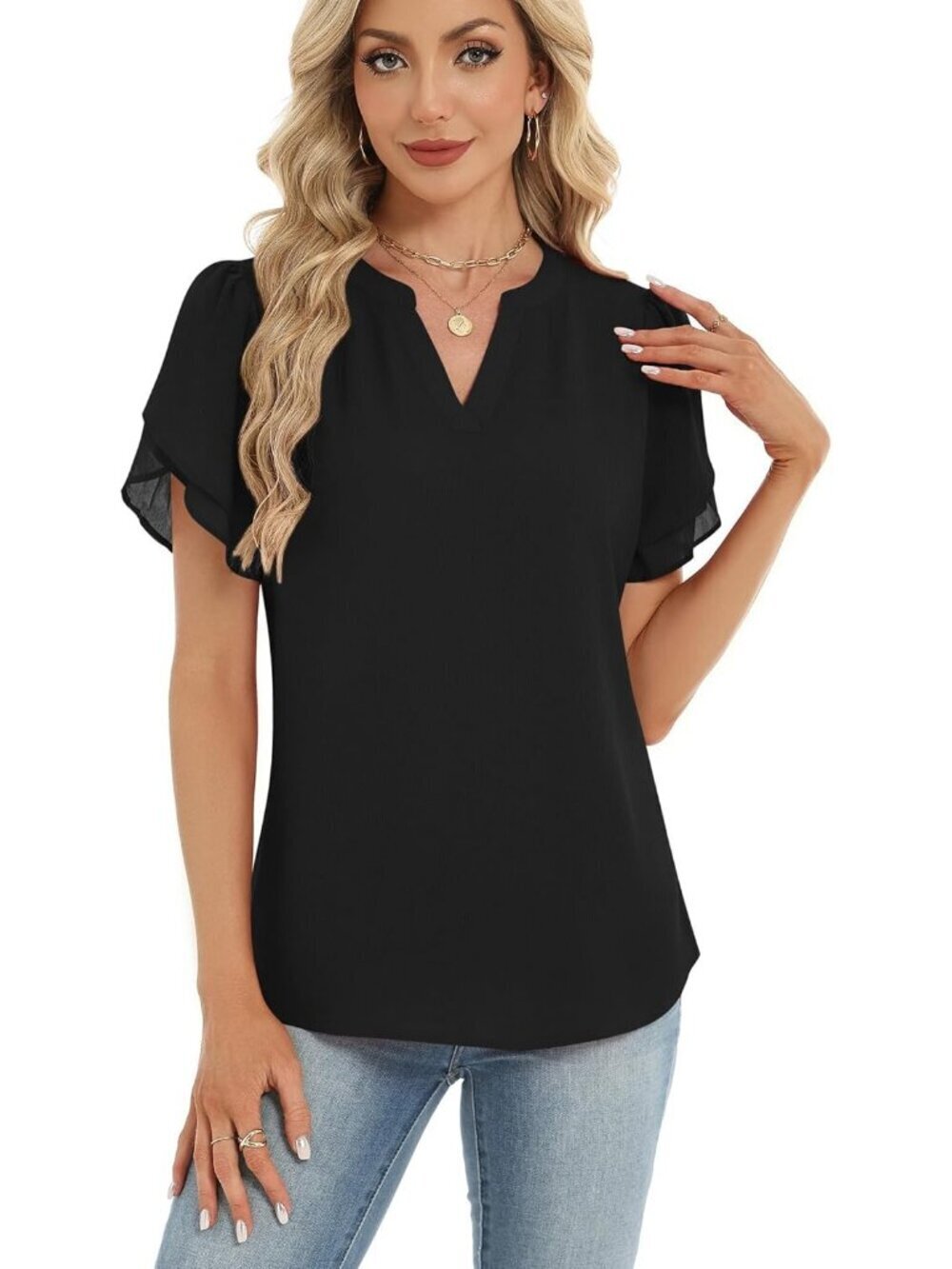 Women's Dressy Casual Shirts Short Sleeve V Neck Work Blouse Chiffon Top Black - Picture 2 of 6